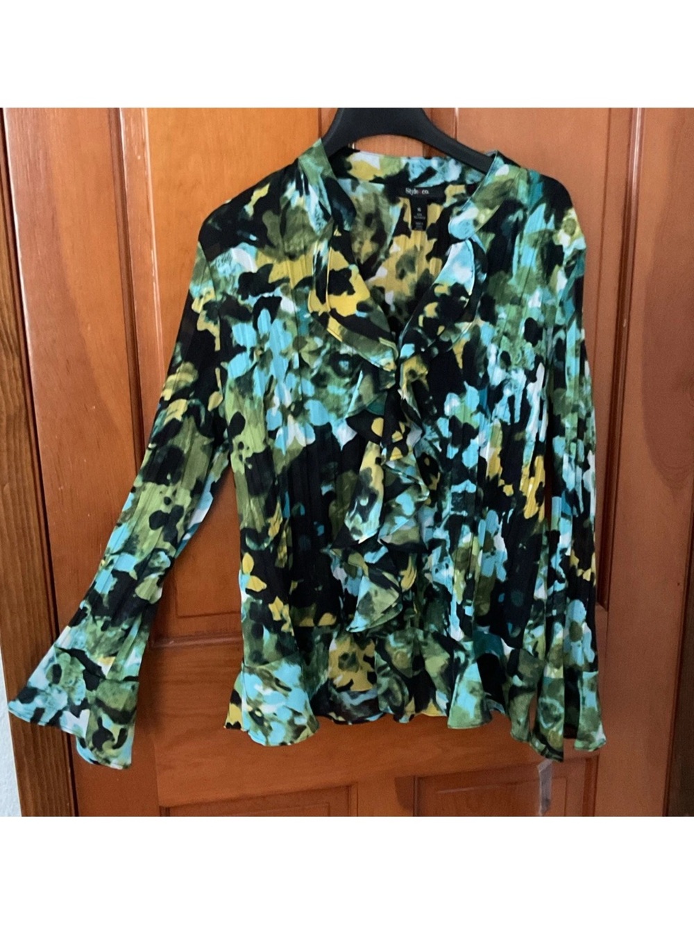 Style & Co. Ruffled Floral Blouse in Green, Blue and Yellow